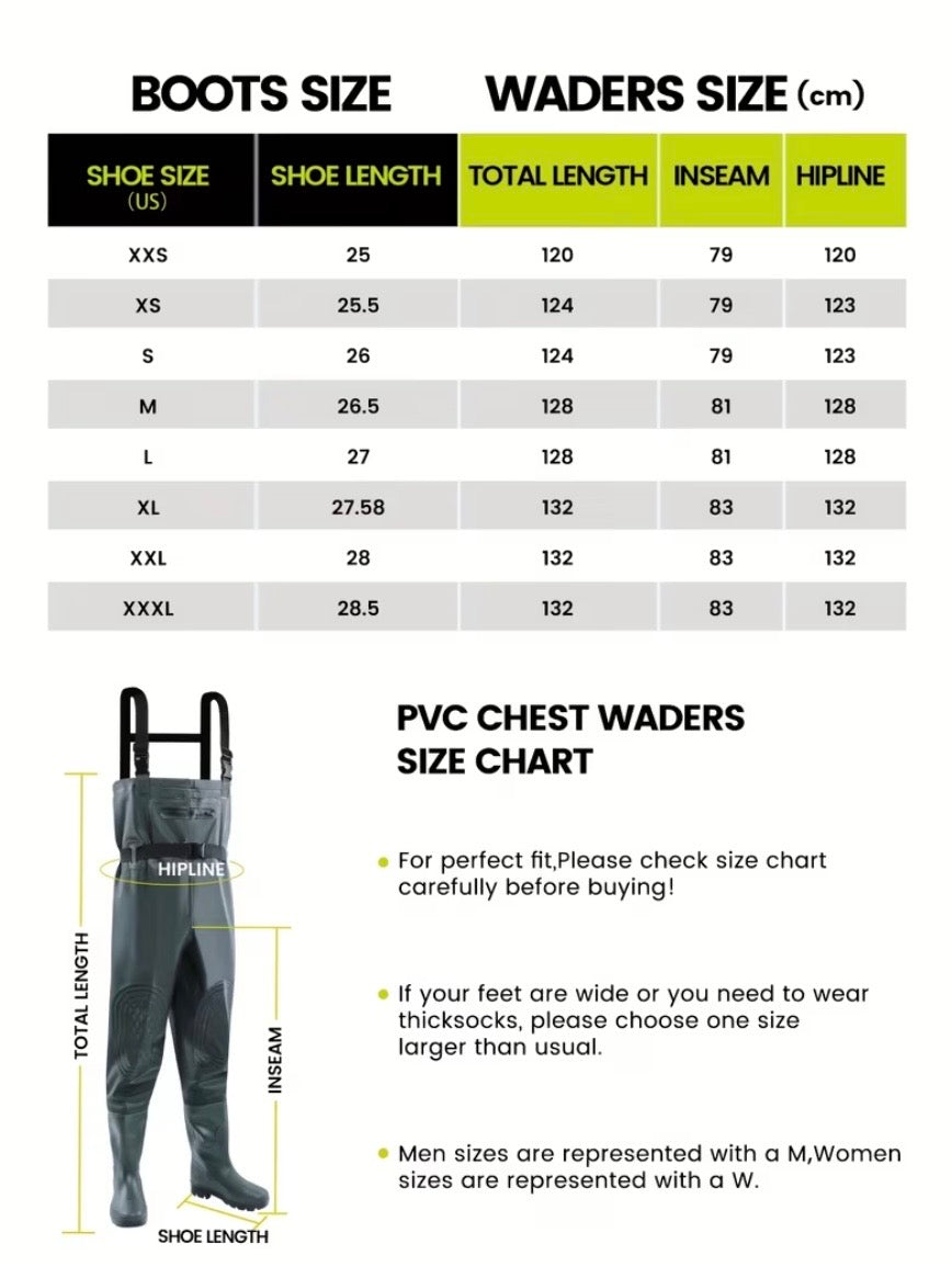 *green waterproof waders* (also called bib waders).