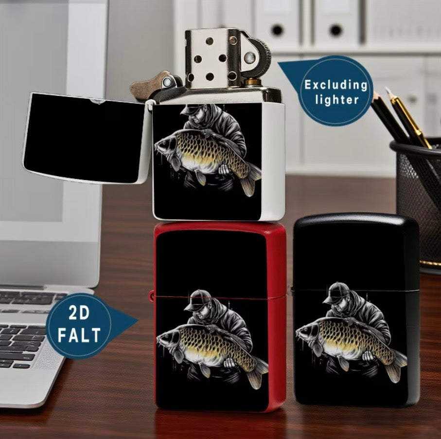 Fishing Man Holding Big Carp Zippo Lighter Case Skin Sticker (3D Embossed Metallic Texture)