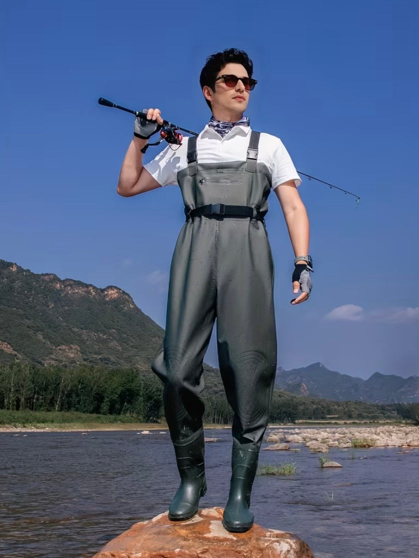 *green waterproof waders* (also called bib waders).