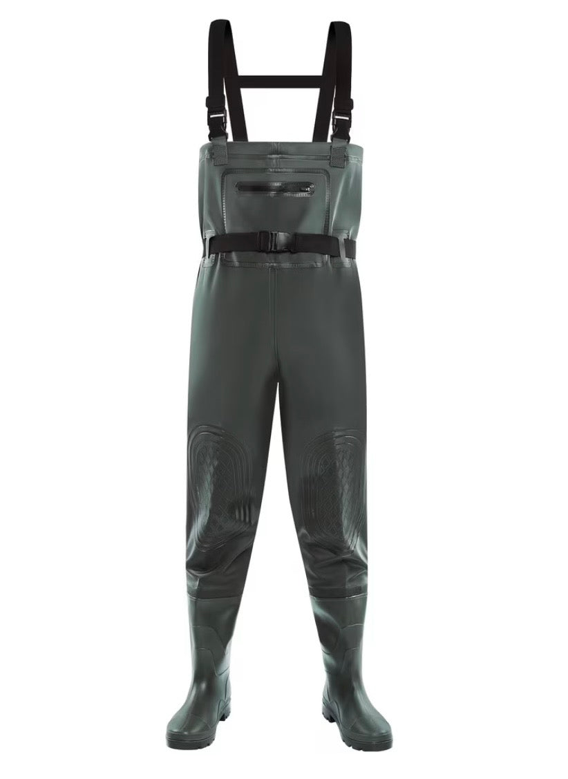*green waterproof waders* (also called bib waders).