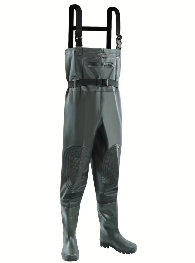 *green waterproof waders* (also called bib waders).