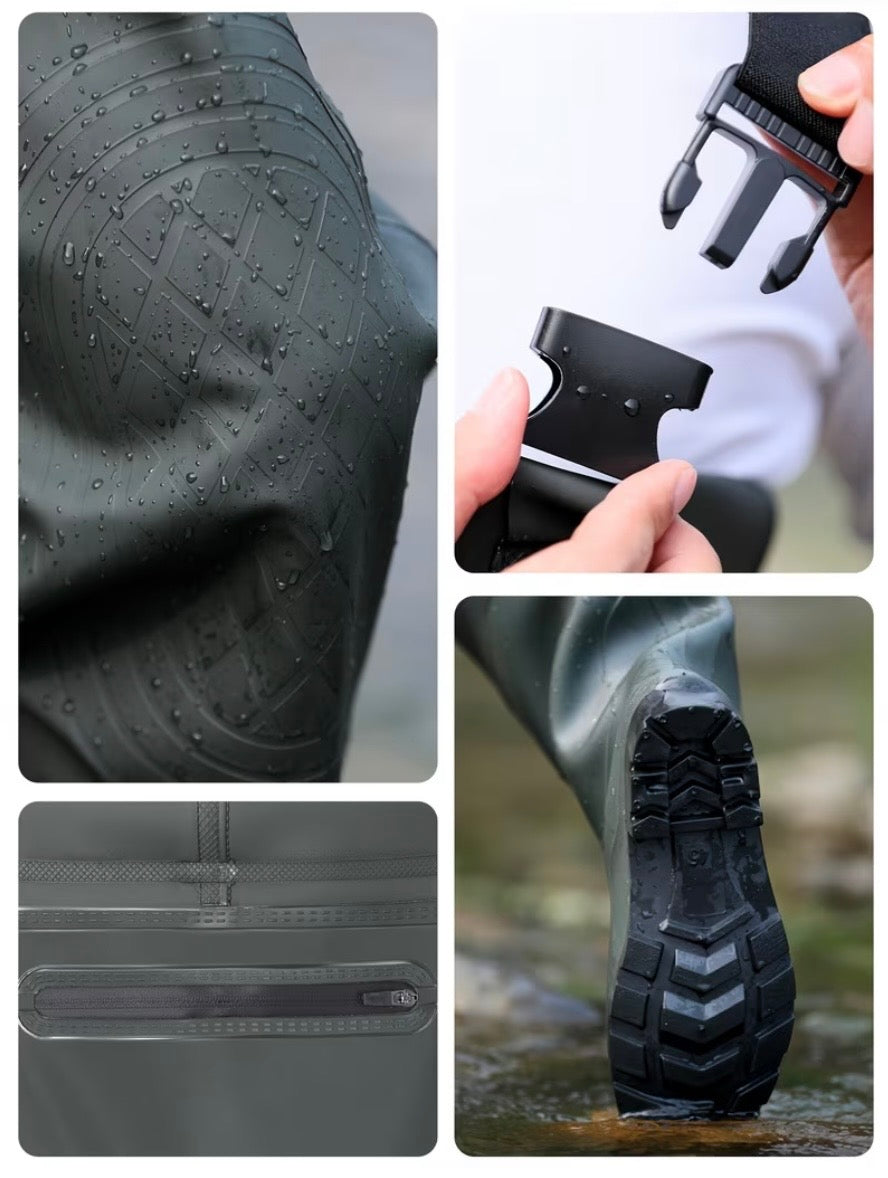 *green waterproof waders* (also called bib waders).
