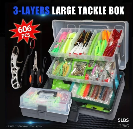 3-Layer Large Tackle Box with 606pcs Fishing Lure Kit & Accessories