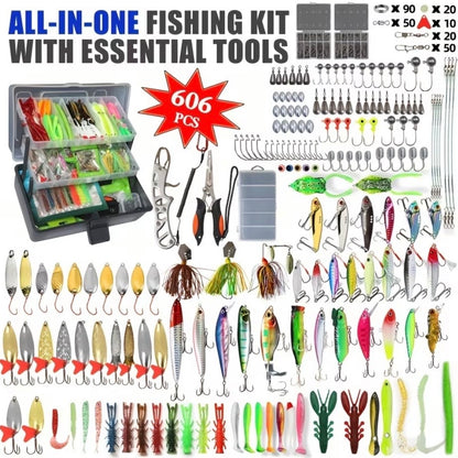 3-Layer Large Tackle Box with 606pcs Fishing Lure Kit & Accessories