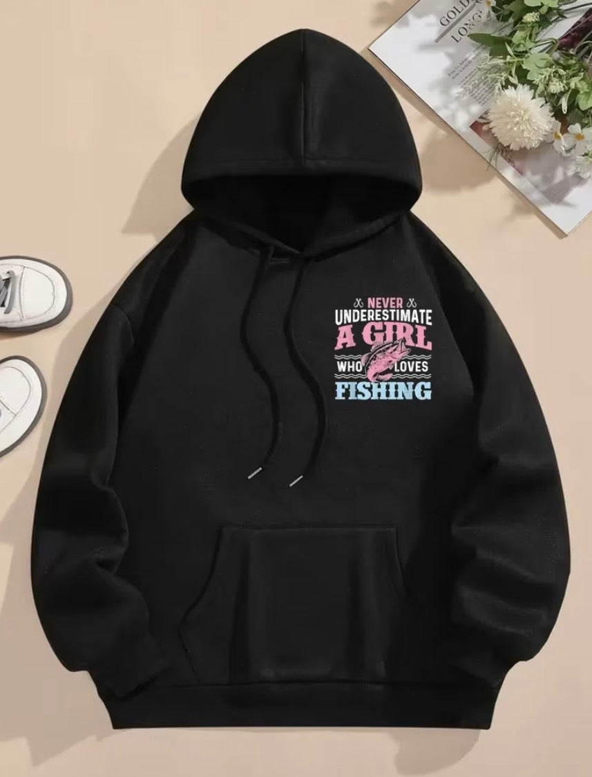 Never Underestimate A Girl Who Loves Fishing Hoodie 🎣